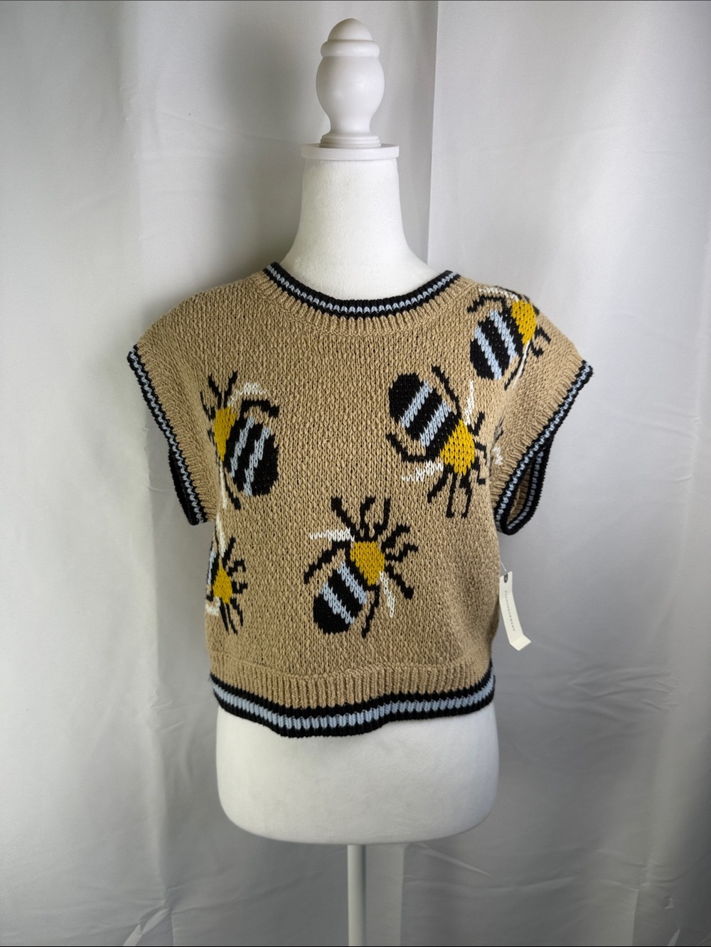 Maeve Tan Bee Intarsia Sweater Vest with Black & Yellow Accents